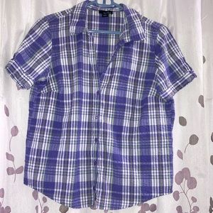 Erika, button down blouse, purple plaid, small